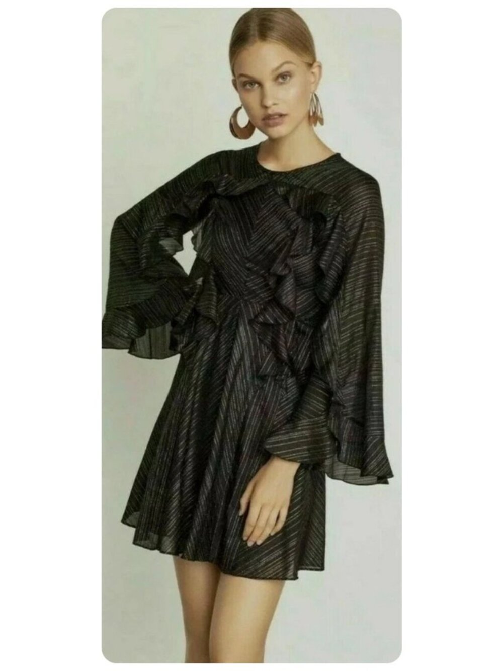 BCBGMaxAzria Black Metallic Ruffle Long Bell Sleeve Mini Dress sz S - Picture 2 of 9